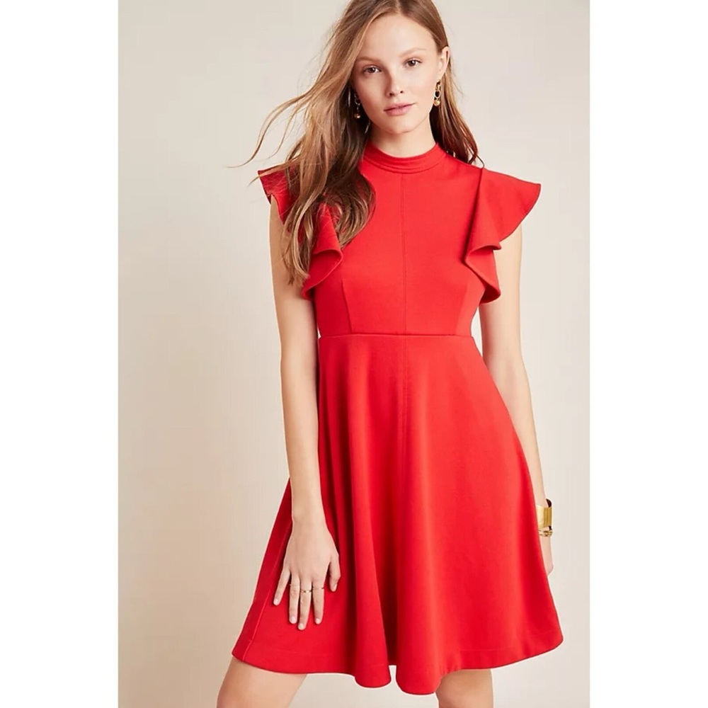 Anthropologie Scarlet Ruffle-Sleeve Fit & Flare Mini
